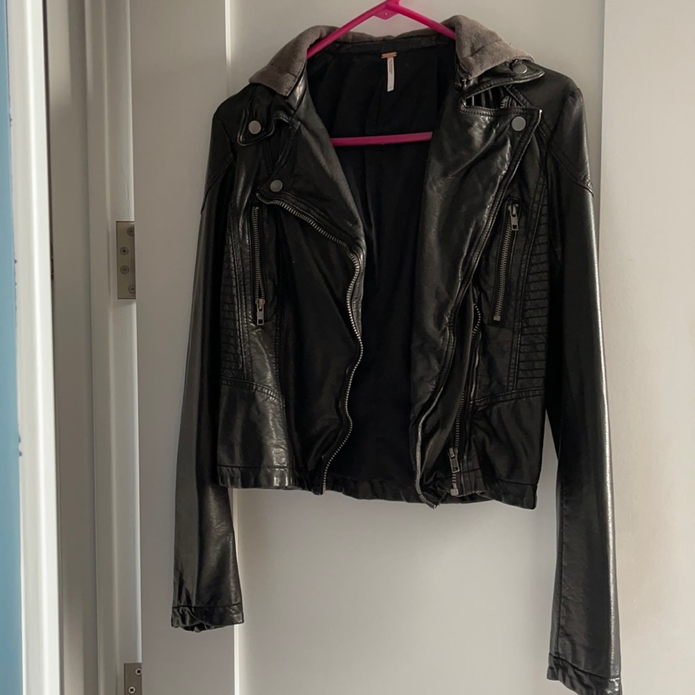 Free people vegan leather hooded jacket 0